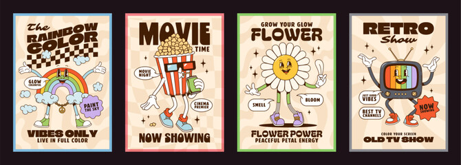 Cartoon groovy characters posters featuring retro personages like a rainbow, popcorn, flower, and tv with cheerful expressions radiate positivity, nostalgia and playful entertainment vintage 70s vibes