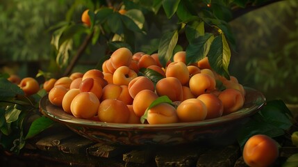 A pile of succulent apricots arranged in a ceramic bowl with their soft orange skin and hints of blush pink set against a backdrop of green leaves