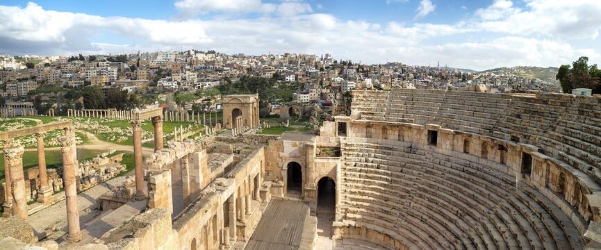 Panoramic view of the northern theater, known as the Odium, in the ancient city of Jerash, Gerasa Governorate, Jordan	