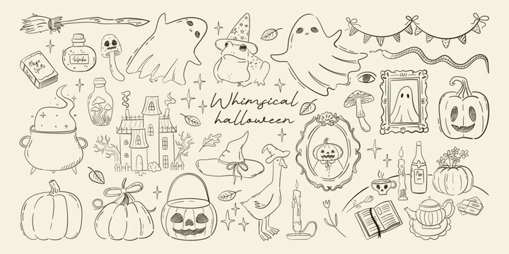 Set of cute whimsical sketch illustrations for halloween dinner party. Hand drawn autumn clip art for coquette card, poster design. Spooky magic collection, vector graphic