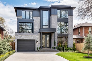 Modern architectural design of a two-story house featuring large windows, stone facade, and landscaped garden in a suburban neighborhood during daytime