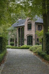 Obraz premium Nestled on a tranquil lane in a peaceful residential neighborhood, this delightful brick house is enveloped by vibrant greenery, particularly beautiful during the serene late afternoon hours