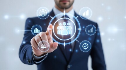 Business man touching digital interface for team management and data analysis tools