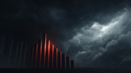 A dramatic, 3D bar chart shows a sharp downward trend, with a dark, stormy, and thunderous sky in the background, symbolizing an economic recession.
