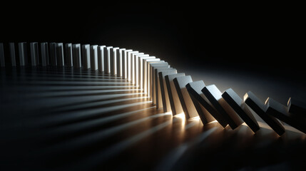A row of dominoes is shown in the middle of a chain reaction, falling one after another, representing the domino effect of an economic crisis.