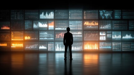 Man standing in front of digital screens displaying data charts 