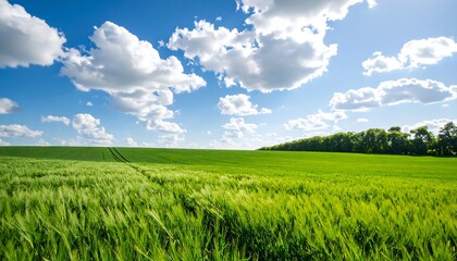 Lush green field under a vibrant blue sky dotted with fluffy white clouds (1)