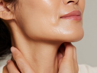 Obraz premium Asian woman with dry skin applies neck serum. Nourishing dry neck skin with intensive nourishing serum.