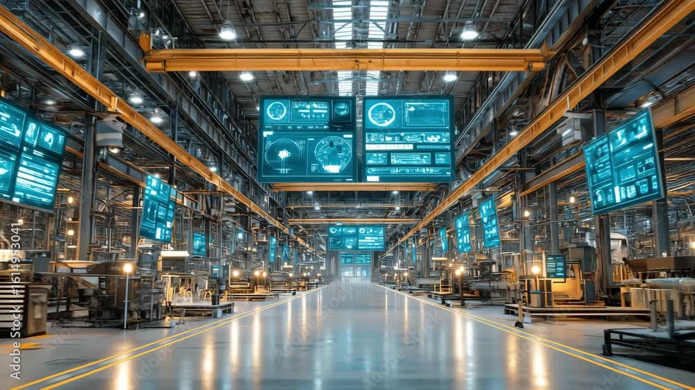 Aufkleber large industrial space equipped with numerous digital displays shows real time data and analytics fo