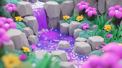 A whimsical, stylized waterfall cascades over rocks, surrounded by vibrant flowers and lush greenery.  The scene is a mix of pastel colors, creating a serene and charming landscape