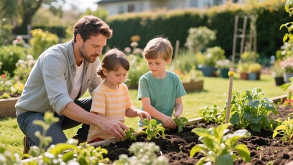A father and two children planting vegetables in a sunny garden