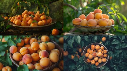 A pile of succulent apricots arranged in a ceramic bowl with their soft orange skin and hints of blush pink set against a backdrop of green leaves