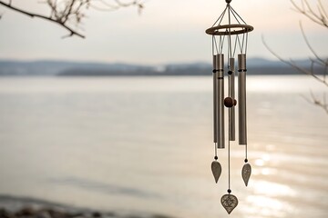 Serene Wind Chime Hanging by Tranquil Water at Dawn with Soft Reflections in Background