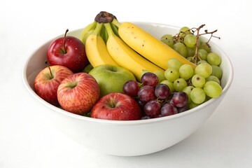Colorful Assortment of Fresh Fruits in a White Bowl Displaying Apples Bananas Grapes