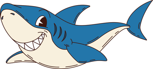 Cartoon groovy shark character with a wide grin and confident expression. Isolated vector powerful and magnificent ocean predator, sea animal. Pirate story, kid book or game personage with sharp teeth