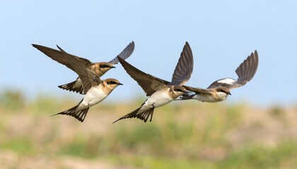 Obraz premium Three birds in flight against a light blue sky