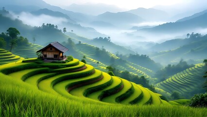 A spiral rice field with a rustic hut and gentle morning mist over mountain hills. Perfect for travel, agriculture, natural scenery, or cultural landscape concepts