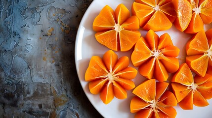 A plate of sliced persimmons arranged in a circular pattern showcasing their vibrant orange color and star-shaped cross-sections against a white ceramic plate