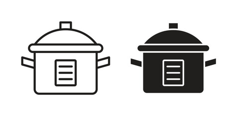 Crock pot icon set, line and black glyph style for food app website.