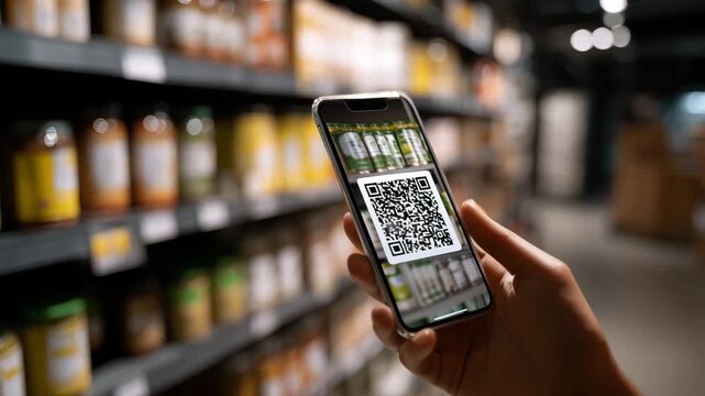 A person holds a smartphone scanning a QR code while surrounded by rows of products in a grocery store aisle - Powered by Adobe