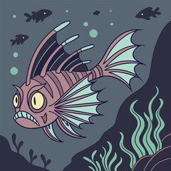 Fototapeta premium Mysterious Deep Sea Creature with Spiky Fins and Fierce Expression Lurking Underwater