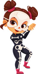 Kids Halloween party character in skeleton zombie costume for horror holiday, cartoon vector. Funny girl kid in Halloween costume and skull mask at trick or treat party with spooky boo expression