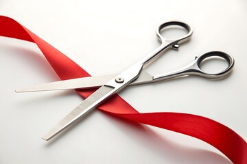 Silver scissors cutting a bright red ribbon on a clean white background for celebration event