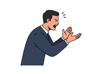 An animated depiction of a business professional displaying anger and frustration through gestures during a tense discussion. Perfect for themes of workplace conflict, emotions, and communication chal