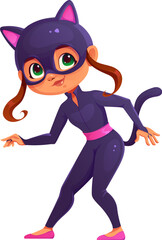 Kid superhero character, cartoon vector playful girl dressed in a sleek black cat costume with pink accents, cat ears and a tail. Cute personage for children comic book or Halloween party celebration