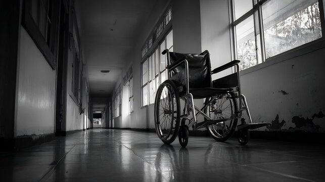 Empty wheelchair deserted hallway symbolic black and white image of abandonment and memory