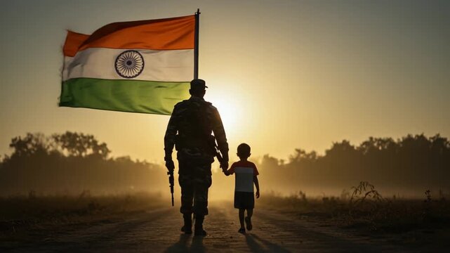 Walking Soldier Holds Hands with Child Near a Waving Flag at Sunrise