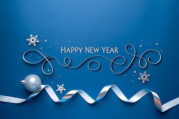 Minimalist Blue Happy New Year Background with Silver Ribbon and Christmas Ornament Decoration Design