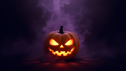 Halloween Creepy jack-o'-lantern with glowing eyes, surrounded by swirling mist, set on a moody dark purple background, for chilling Halloween (3)