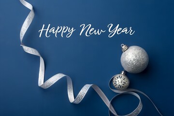 Minimalist Blue Happy New Year Background with Silver Ribbon and Christmas Ornament Decoration Design
