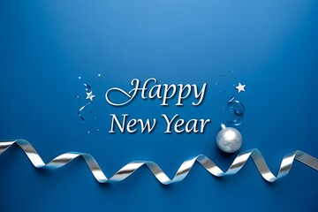 Minimalist Blue Happy New Year Background with Silver Ribbon and Christmas Ornament Decoration Design