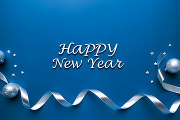 Minimalist Blue Happy New Year Background with Silver Ribbon and Christmas Ornament Decoration Design