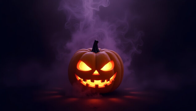 Halloween Creepy jack-o'-lantern with glowing eyes, surrounded by swirling mist, set on a moody dark purple background, for chilling Halloween (3)