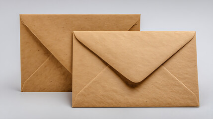 Two brown kraft paper envelopes of different sizes are stacked on a light gray surface, suggesting correspondence, invitations, or business communications.