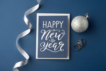 Minimalist Blue Happy New Year Background with Silver Ribbon and Christmas Ornament Decoration Design