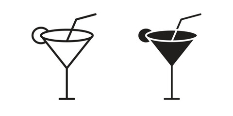 Cocktail icon set, line and black glyph style for food app website.