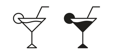 Cocktail icon set, line and black glyph style for food app website.
