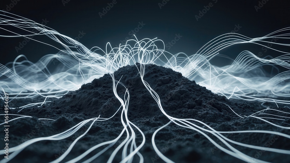 Poster abstract digital landscape with glowing lines emanating from a central mound, creating a futuristic 