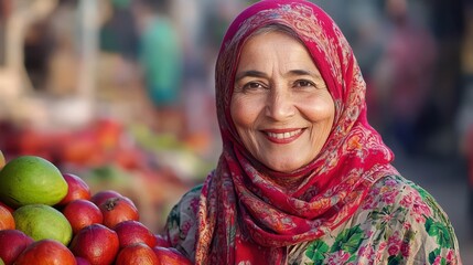 Smiling vendor: A warm smile of a female vendor is on display, amidst a vibrant array of fresh produce and a lively market setting, exuding a sense of connection and culinary delights.
