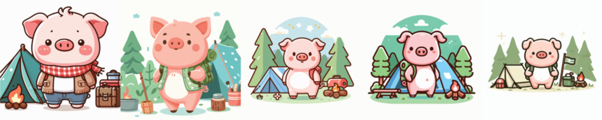 Naklejka premium vector collection of pigs camping