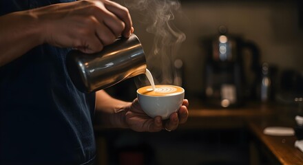 Making latte art in a coffee shop, close up