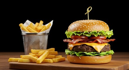 Burger and fries against a black background