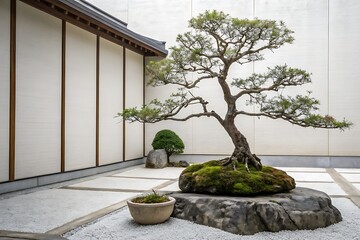 Serene Zen Garden with Bonsai Tree on Stone in a Tranquil Japanese Setting