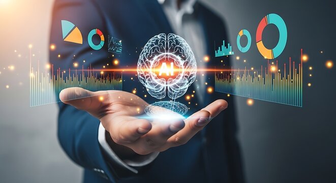 Businessman's hand presenting a glowing holographic human brain with "AI" text, surrounded by dynamic digital data charts and analytical dashboards.