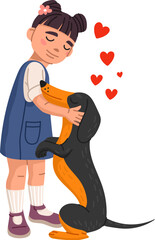 Fototapeta premium Cartoon girl hugs black and brown dachshund dog. Vector child with closed eyes gently embraces a pet with hearts above. Touching emotional moment of connection, love and trust between kid and animal