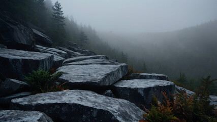 Dramatic Foggy Landscape with Textured Rocks and Trees